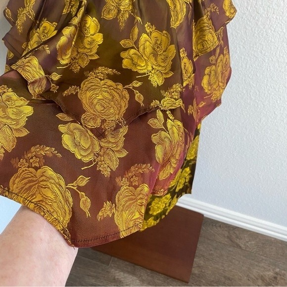 Vintage NONA Fashion USA Shimmer Gold Floral 2 Piece Jkt Ruffles Midi SZ M - Picture 5 of 10